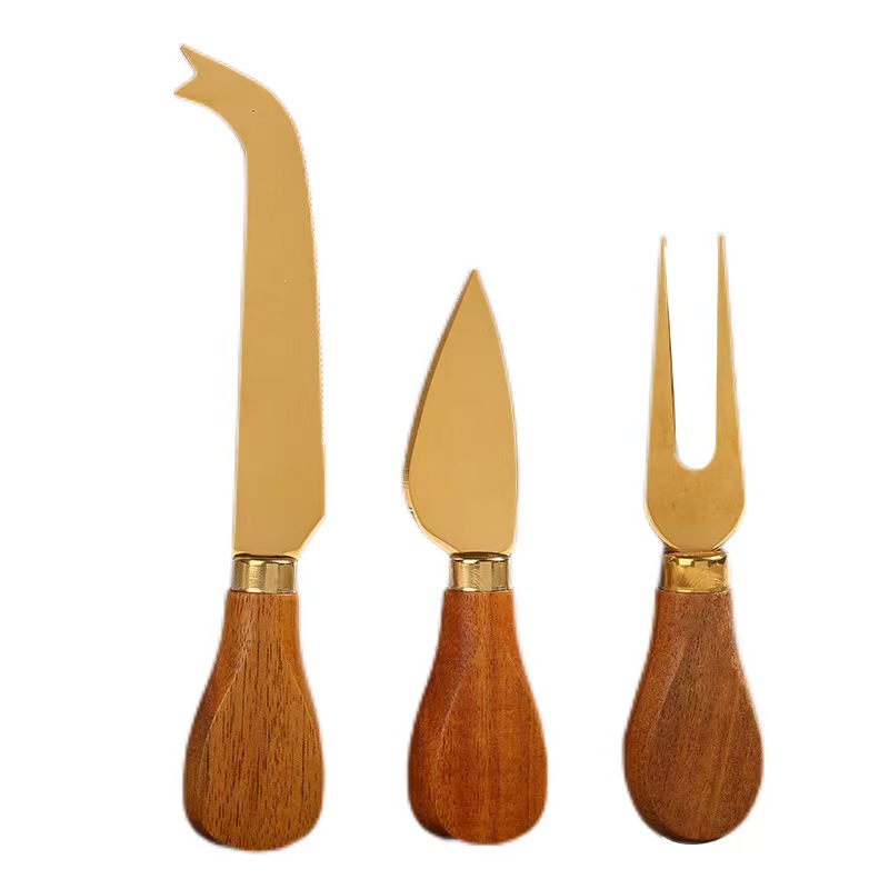 3-Piece Gold Cheese Knife Set with Wooden Handle – Elegant Stainless Steel Charcuterie Tools